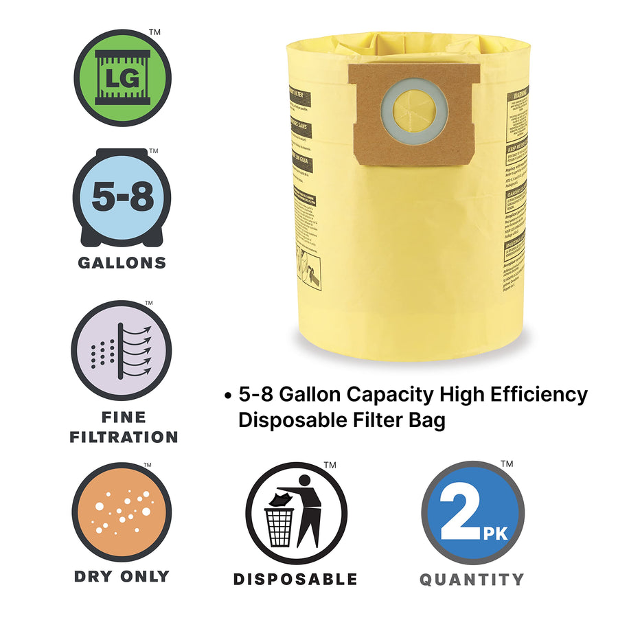 High Efficiency Shop-Vac Disposable Vacuum Filter Bags, Fits 5-8 Gallon Tanks, Enhanced Filtration and Dust Control, (2-Pack)