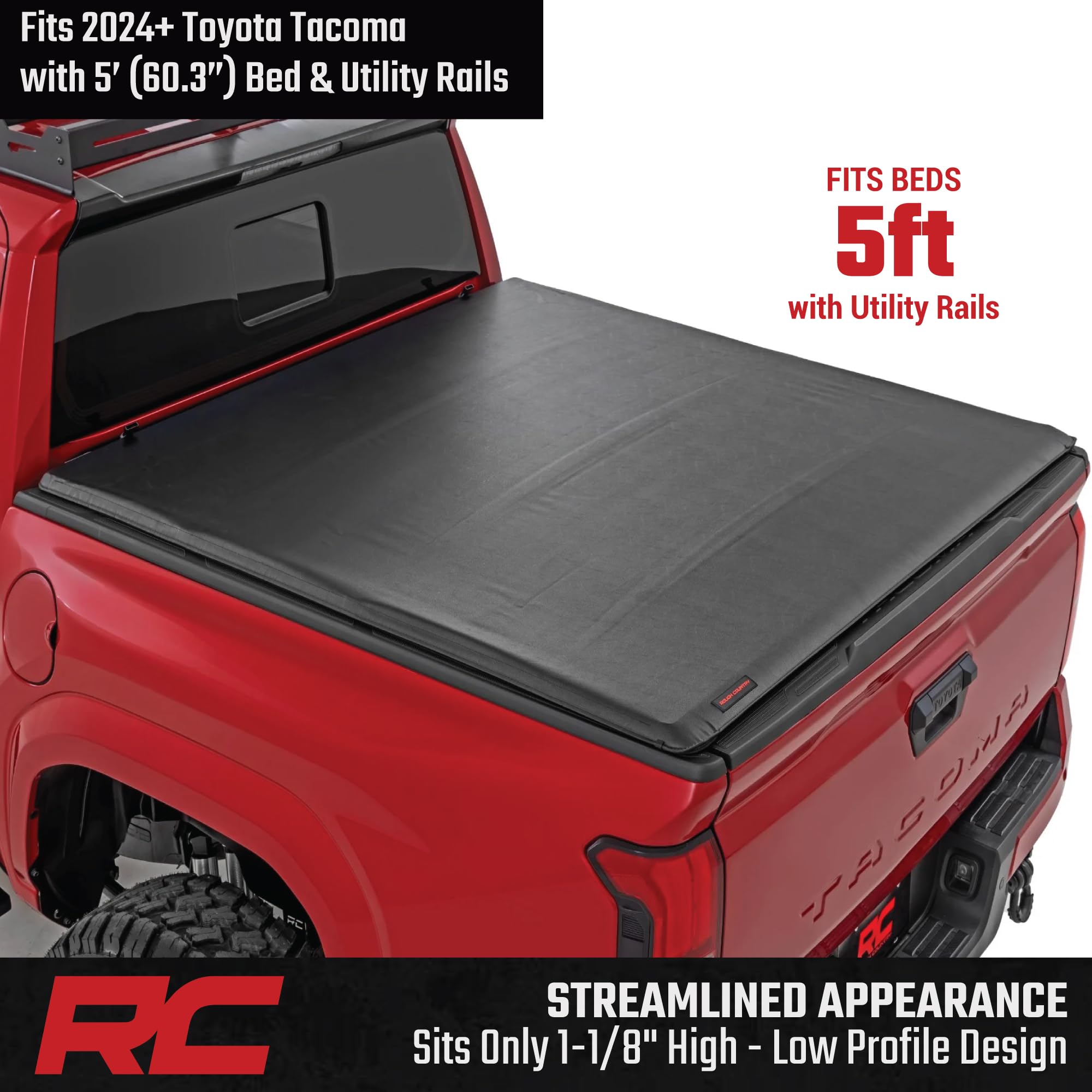 Soft Roll Up Rough Country Truck Bed Tonneau Cover for Toyota Tacoma (2024-2026) - Fits 5' (60") Bed, Weather-Resistant Roll Up Bed Cover