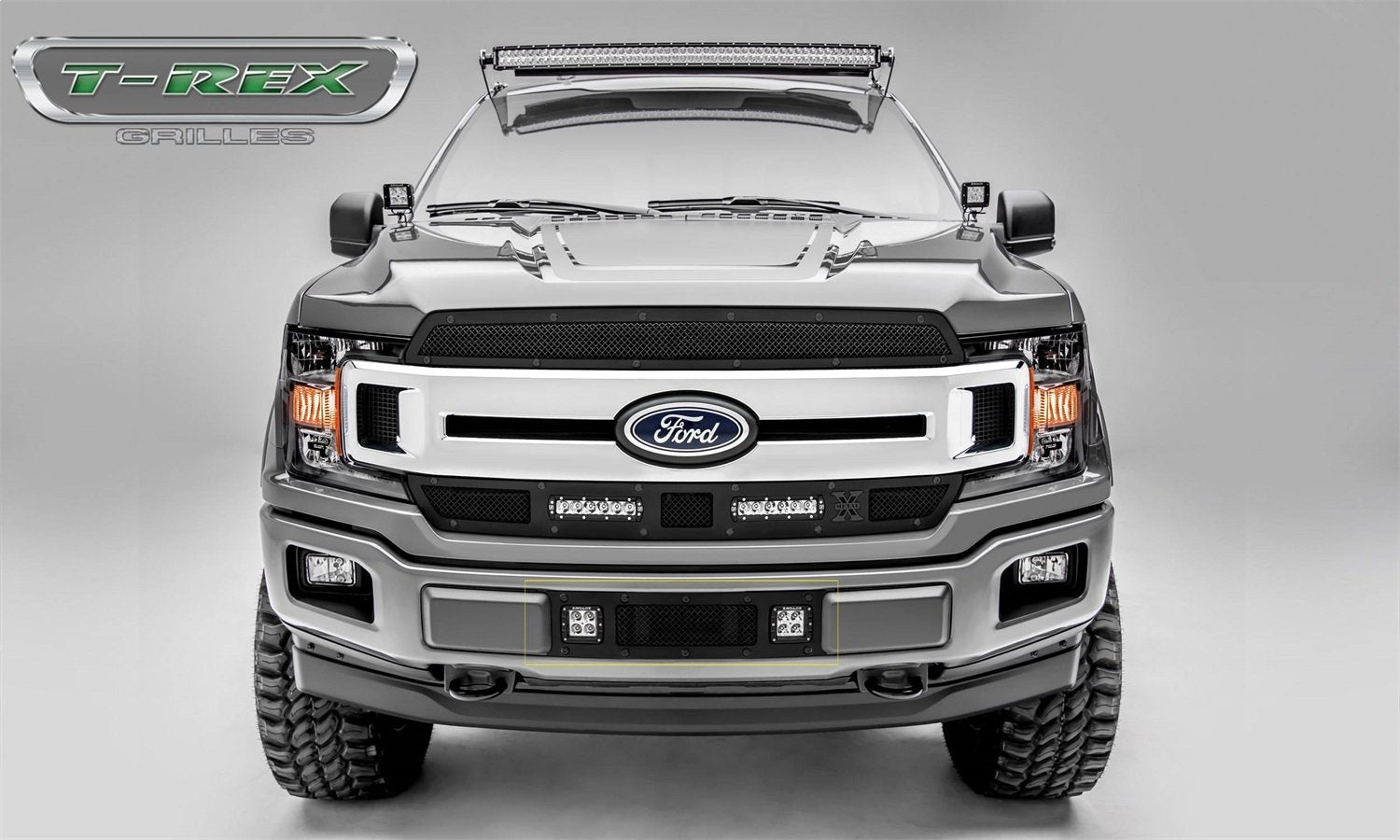 T-Rex Grilles Stealth Torch Bumper Grille 2018-2020 F-150 Limited, Lariat, Black, 1 Pc, Replacement, Black Studs with (2) 3 Inch LED Cube Lights - PN #6325791-BR