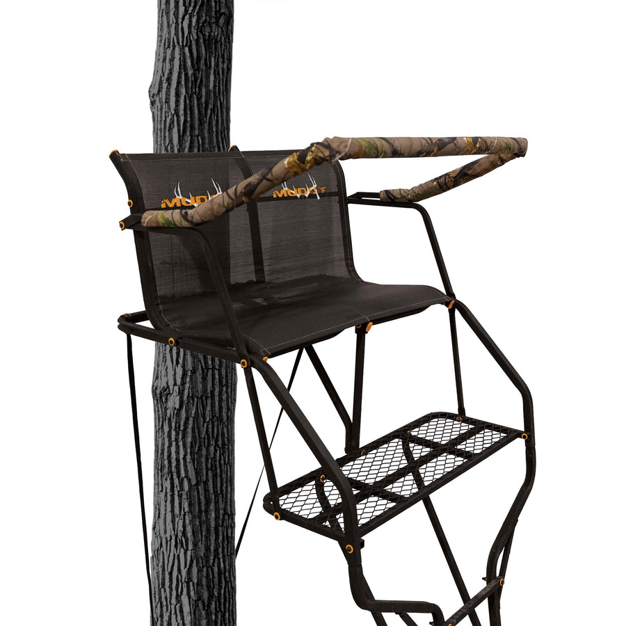 Double Droptine MUDDY Deer Hunting Ladderstand, 2 Person Climbing Tree Stand with Flex-Tek Seat and Padded Adjustable Shooting Rail