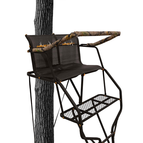 Double Droptine MUDDY Deer Hunting Ladderstand, 2 Person Climbing Tree Stand with Flex-Tek Seat and Padded Adjustable Shooting Rail