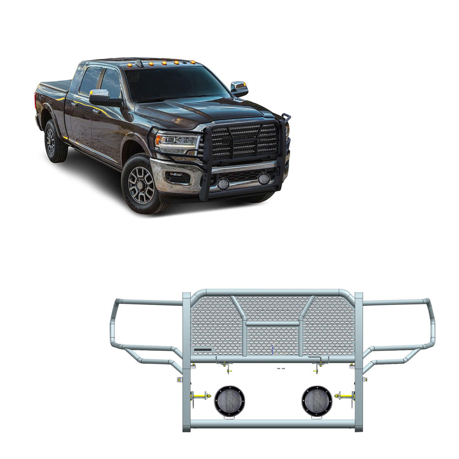 RUGGED Black Horse Heavy Duty Grille Brush Bumper Guard Modular Black Come with Pair of 5.3" Dia.LED Lights with Black Trim Rings Compatible with 2019-2024 Ram 2500|2019-2024 Ram 3500-RU-DORA20-B-PLFB