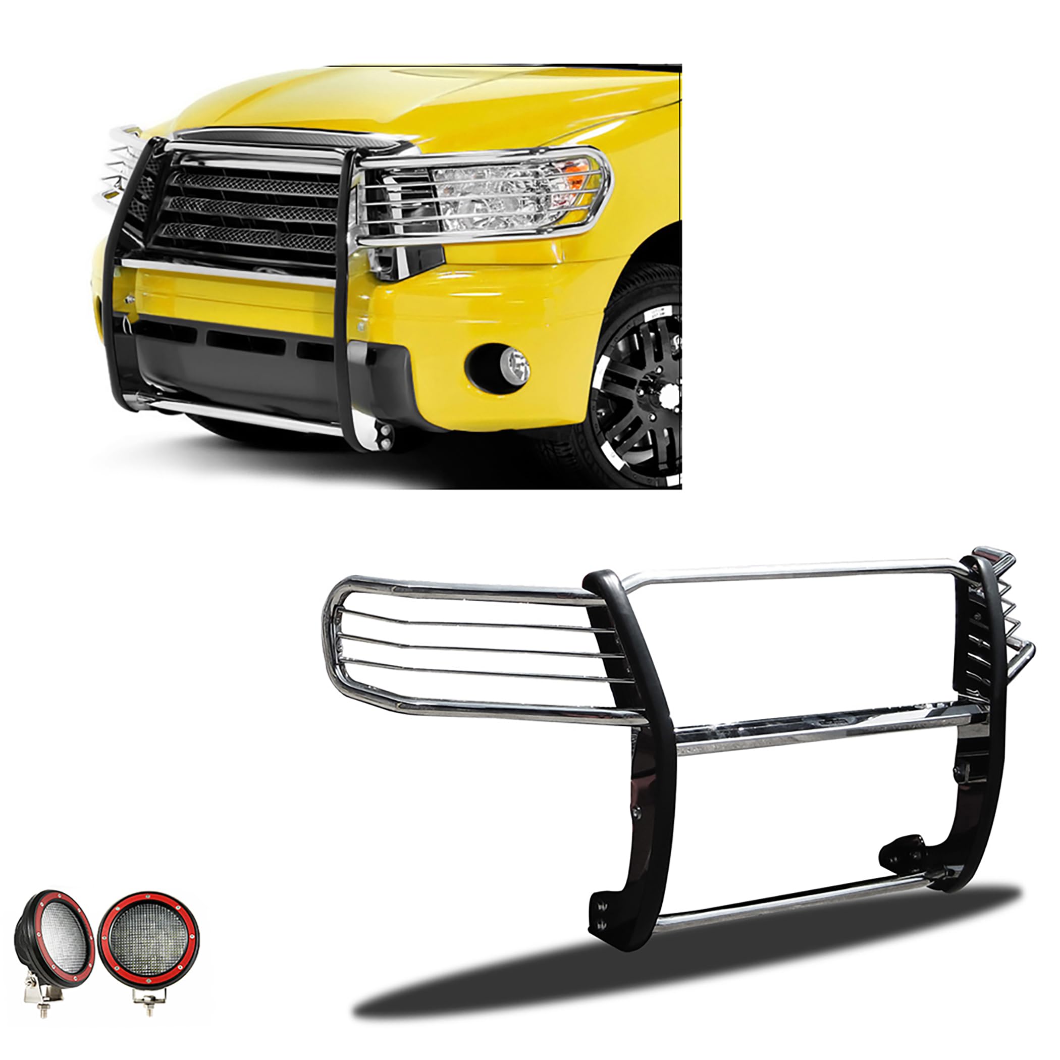 Bumper Guard Black Horse Grille Brush Modular Stainless Steel Come with Pair of 5.3" LED Lights with Red Trim Rings Compatible with 2008-2022 Toyota Sequoia|2007-2021 Toyota Tundra-17A098900MSS-PLFR