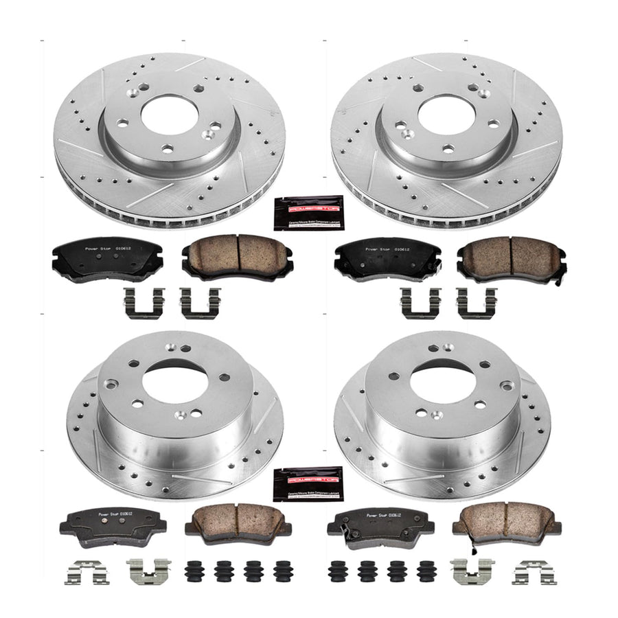 Power Stop K5914 Z23 Carbon Fiber Brake Pads Front and Rear with Drilled & Slotted Brake Rotors Kit For Kia Soul 2010-2011 [Model Specific]