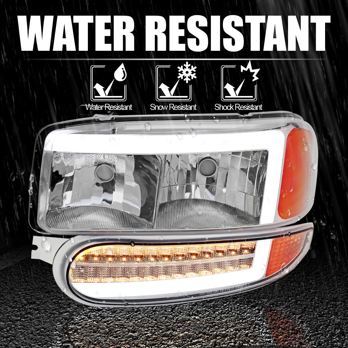 Chrome LED Tube Headlights + Sequential Bumper Lights SPEC-D TUNING Compatible with 2000-2006 GMC Sierra Denali, Yukon XL Denali