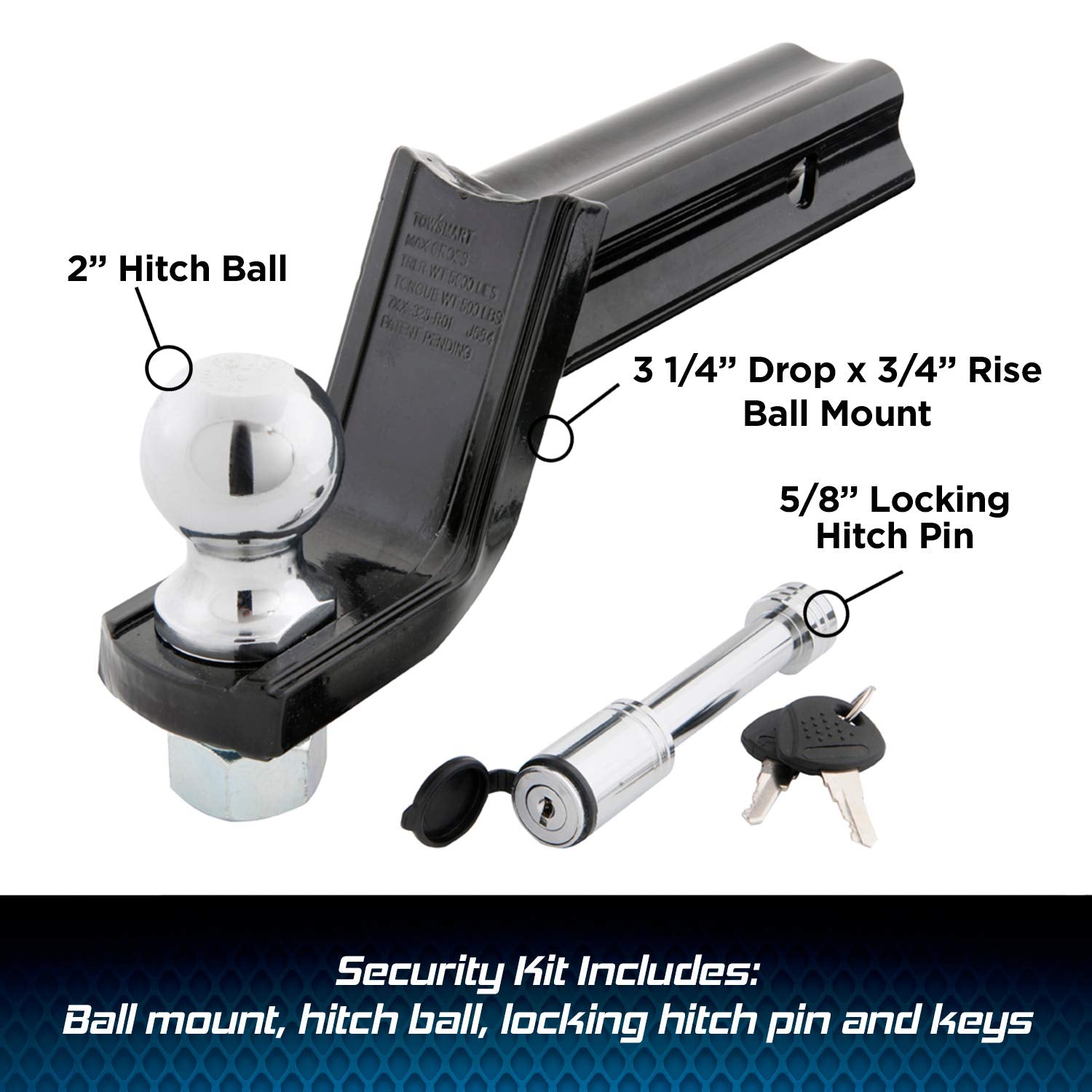 X-Mount TOWSMART Class III, 5,000 lb. Security Kit with 3-1/4 in. Drop x 2 in. Rise x 1 in. Shank Trailer Hitch Ball Mount, 2 in. Ball, 5/8 in. Locking Pin