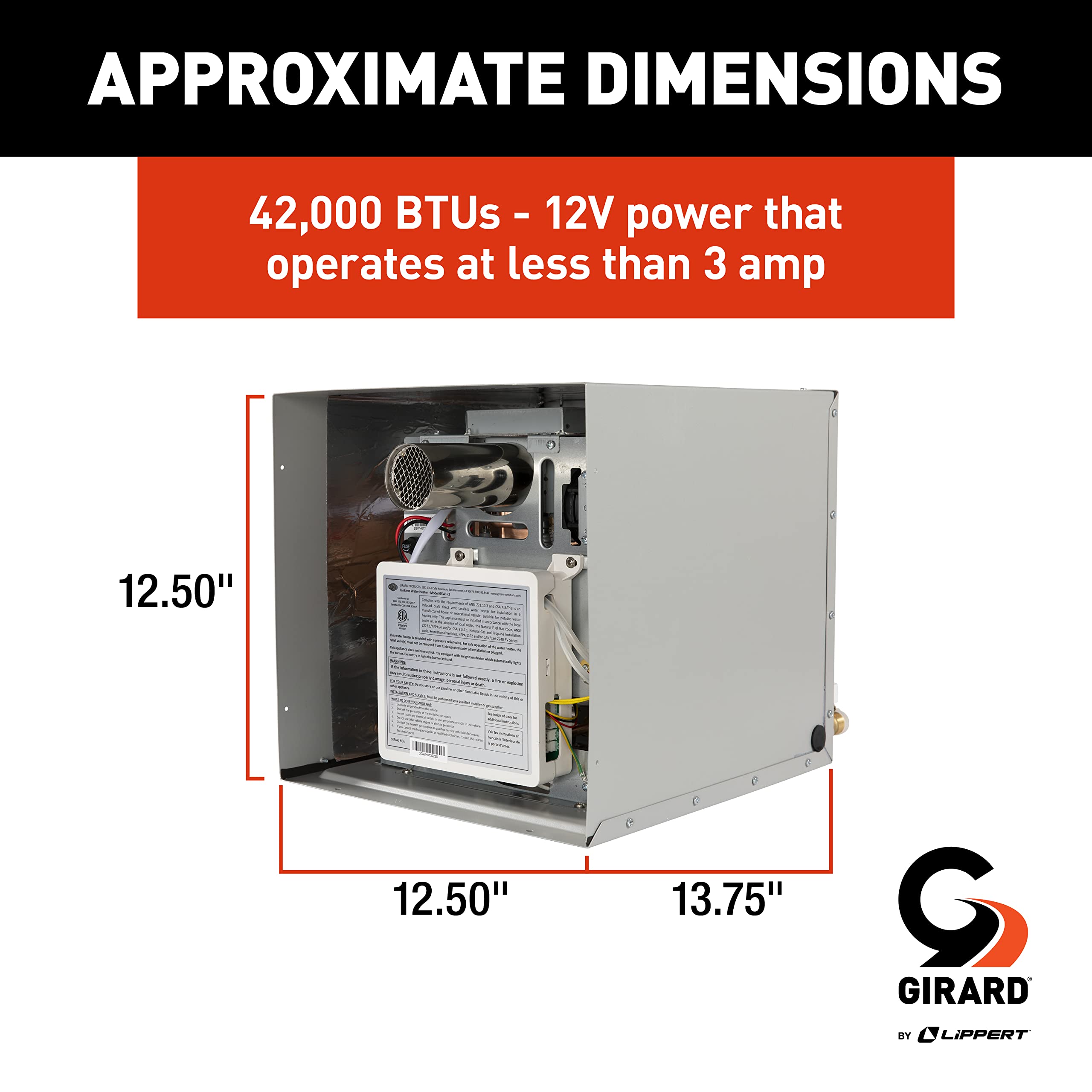 Tankless GIRARD RV Water Heater, 12V Power, 42,000 BTUs, Quiet Operation, Onboard Microprocessor, Digital User Control Panel, Freeze Protection, Easy Installation - 2022107534