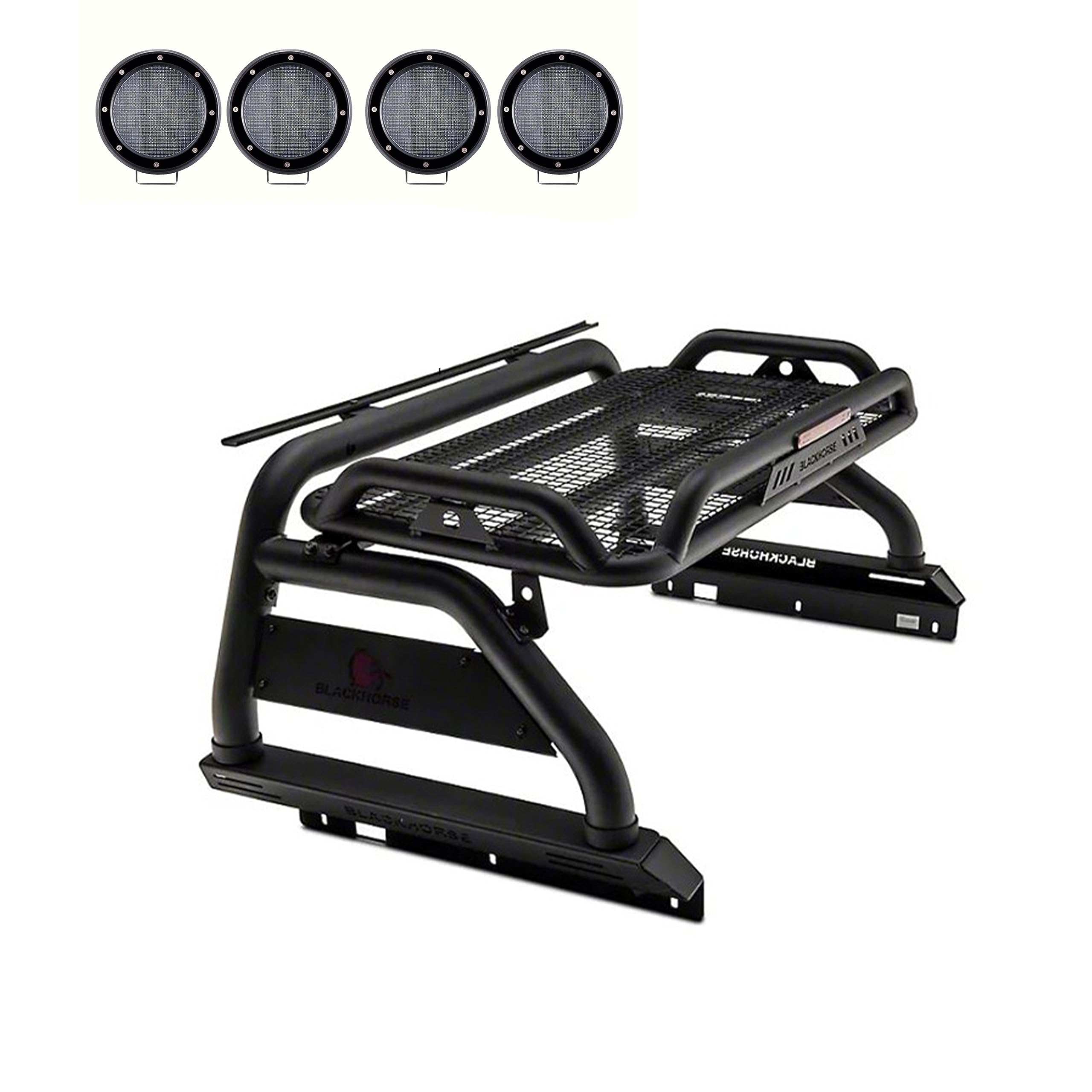 Atlas Roll Bar Black Incl. Set of 5.3" Dia.Led Lights w/Black Trim Rings Compatible with 2005-2021 Nissan Frontier-ATRB7BK-PLFB