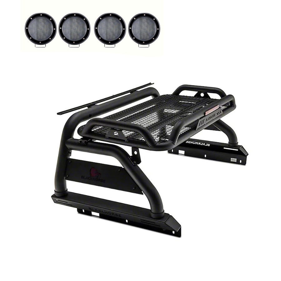 ATLAS Black Horse Roll Bar Incl. Set of 5.3"Dia.LED Lights w/Black Trim Rings Compatible with 2020-2024 Jeep Gladiator-ATRB9BK-PLFB