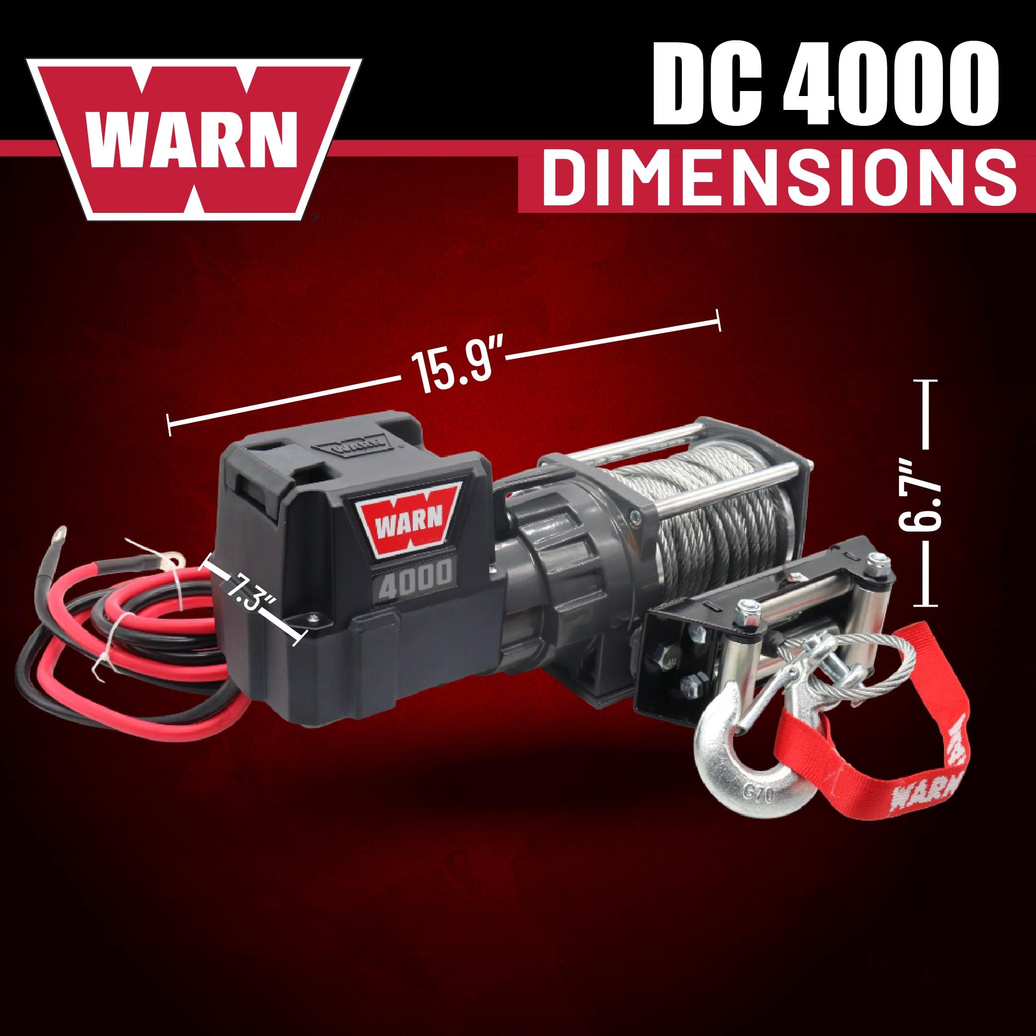 4000 WARN DC 12V Utility Winch with Wire Rope - 4000 lb Pulling Capacity, 50' Galvanized Steel Cable, Roller Fairlead, Wired Remote - 94000 Portable 12 Volt Winch for UTV, ATV, Truck, Trailer