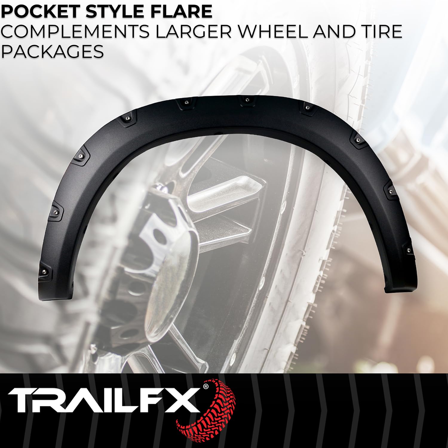 Pocket Style Fender Flares TrailFX TFD3004T for Ram 2500 2011-2018 - Black Textured Paintable Polypropylene, Set of 4 with Stainless and Black Steel Rivets