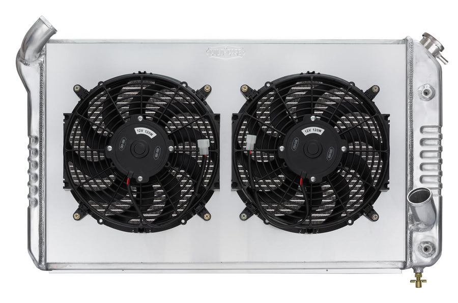 Radiator and Fan, Cold Case Radiators, 31.75 in W x 19.5 in H x 6.75 in D, Dual Fans, Driver Side Inlet, Passenger Side Outlet, Aluminum, Polished, compatible with Chevy Corvette 1969-72, Kit