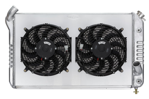 Radiator and Fan, Cold Case Radiators, 31.75 in W x 19.5 in H x 6.75 in D, Dual Fans, Driver Side Inlet, Passenger Side Outlet, Aluminum, Polished, compatible with Chevy Corvette 1969-72, Kit