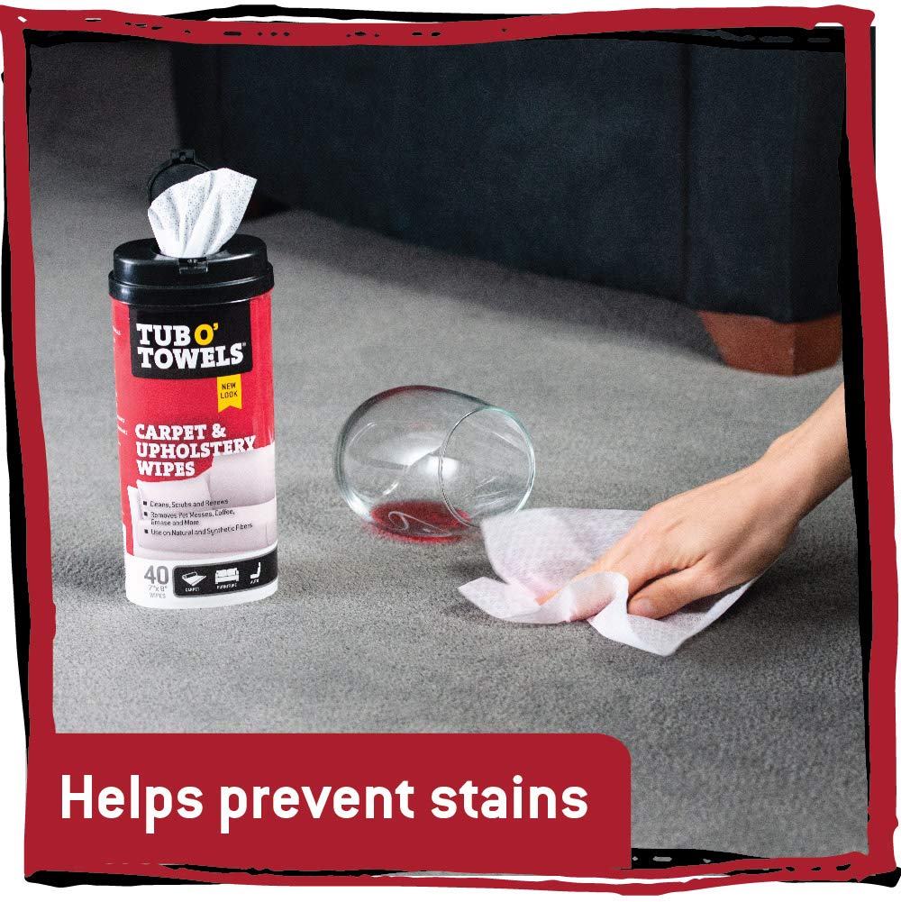 Tub O' Towels Cleaning Wipes Carpet, Rug, and Upholstery - Extra Strength Stain Remover, Odor-Fighting Power, Safe on Natural & Synthetic Fibers, 40-7” x 8” Wipes Per Tub, 1-Pack, Light Citrus Scent
