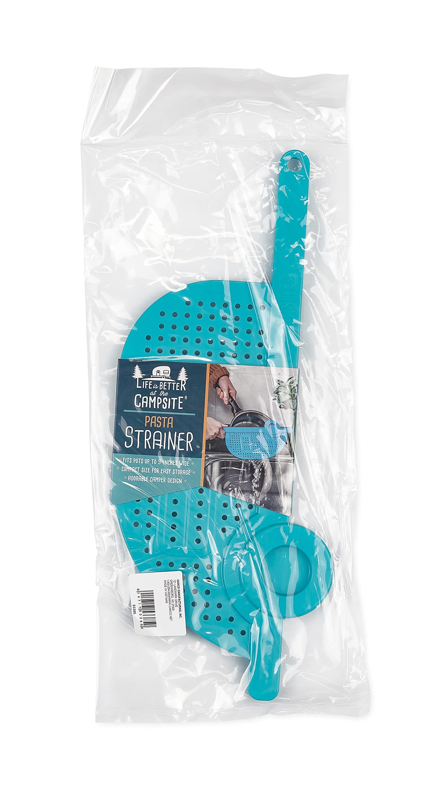 RV-Shaped Pot Drainer Camco Life is Better at The Campsite | Features a Handle for Safe and Easy Draining, an Easy-to-Clean Durable Teal Design, and is Dishwasher Safe (53385)