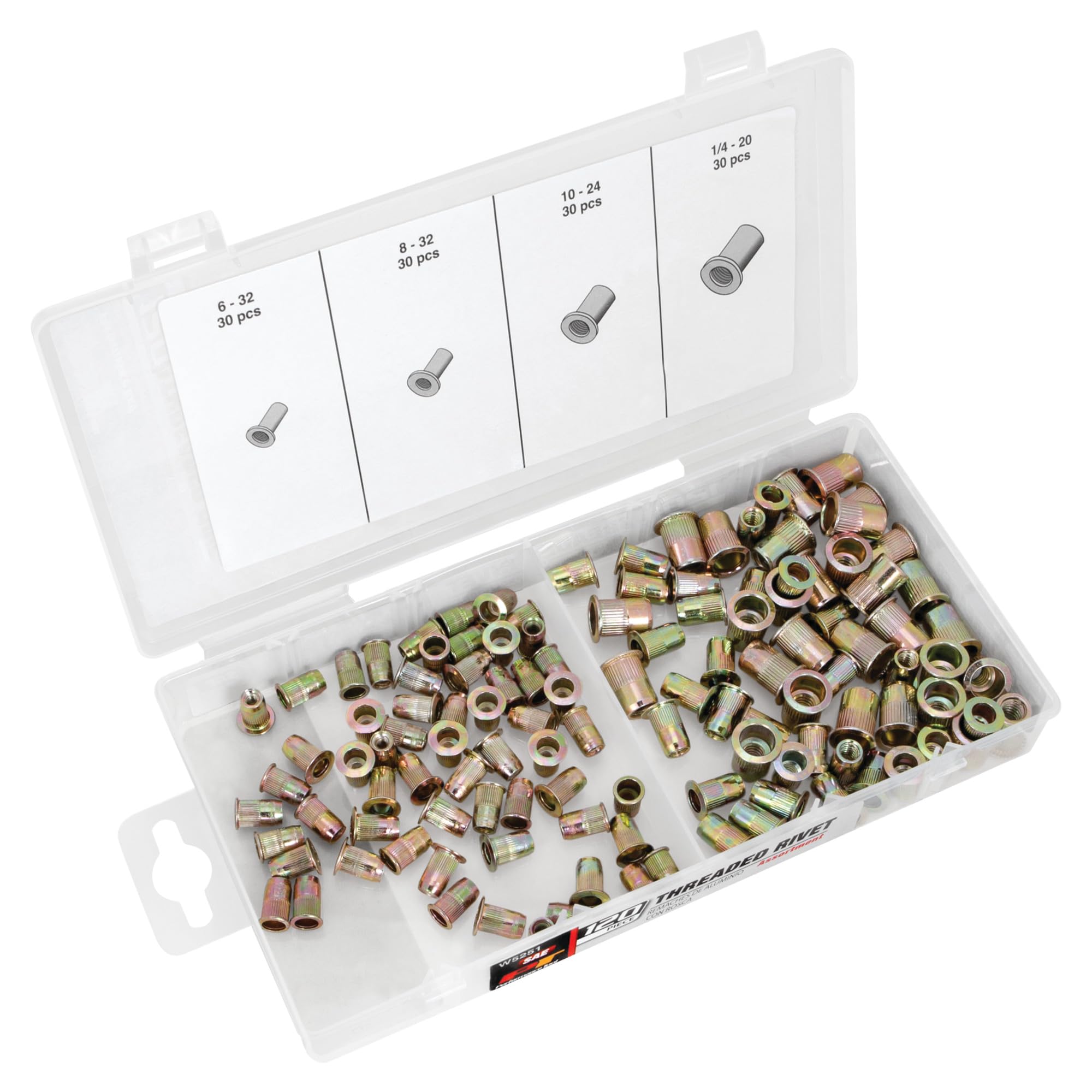 W5251 Performance Tool Rivet Assortment - 120pc SAE Threaded Rivets with Storage Case for Automotive, DIY, and Industrial Use