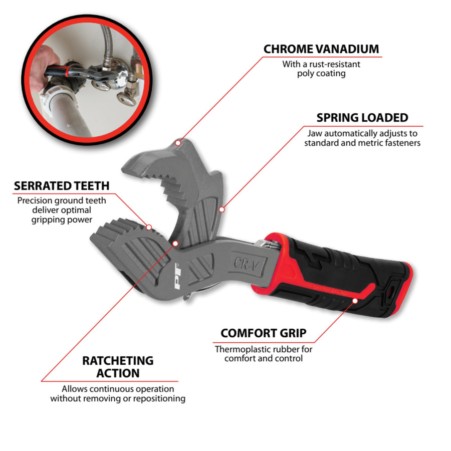 12 In. Performance Tool W30798 Universal Wrench, Drop-Forged Chrome Vanadium, Ratcheting Action, Spring-Loaded, TPR Handle