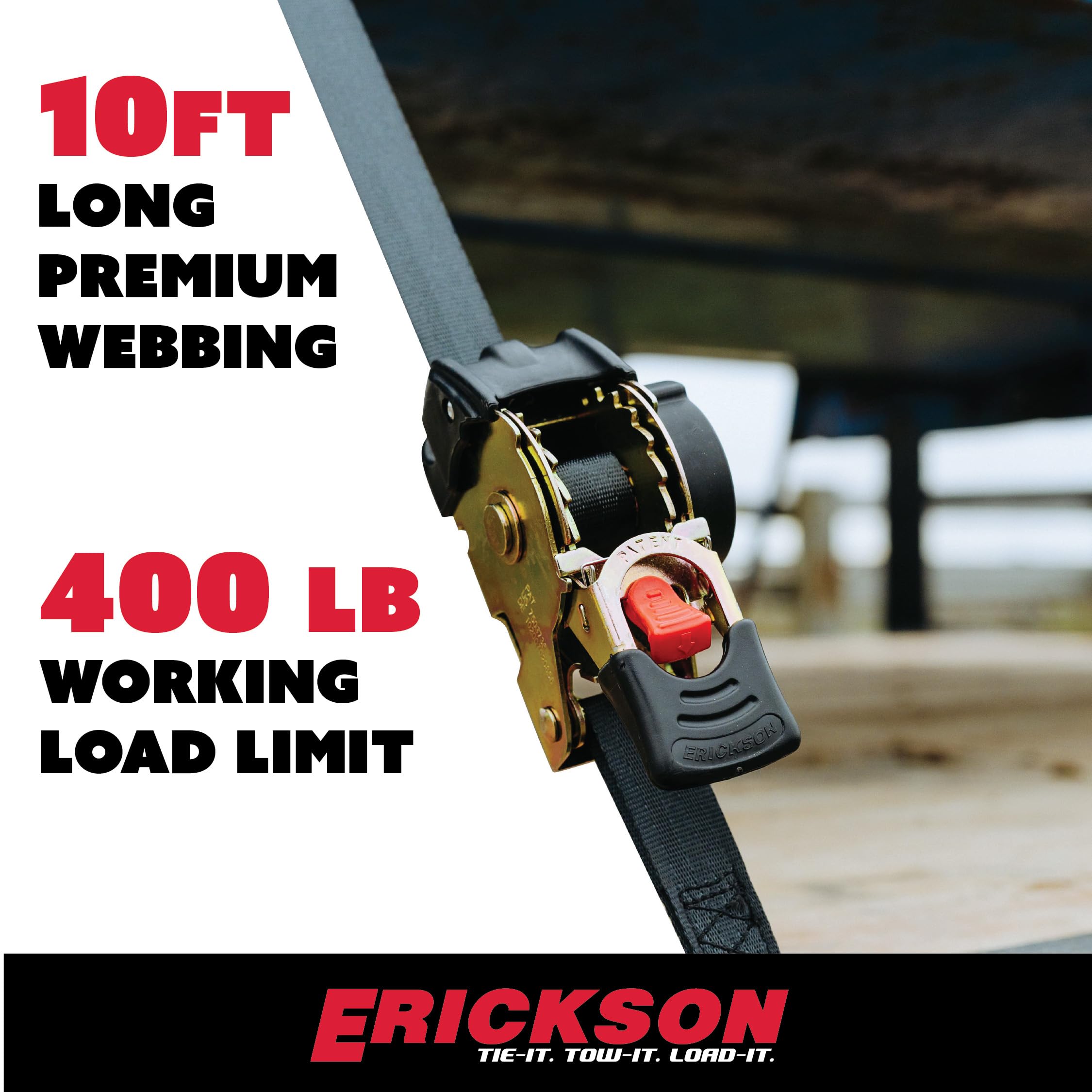 1in x 10ft Erickson Pro Series Black Retractable Ratcheting Tie-Down Straps, Heavy-Duty Secure Hold, 1500 lb Load Capacity, Pack of 2