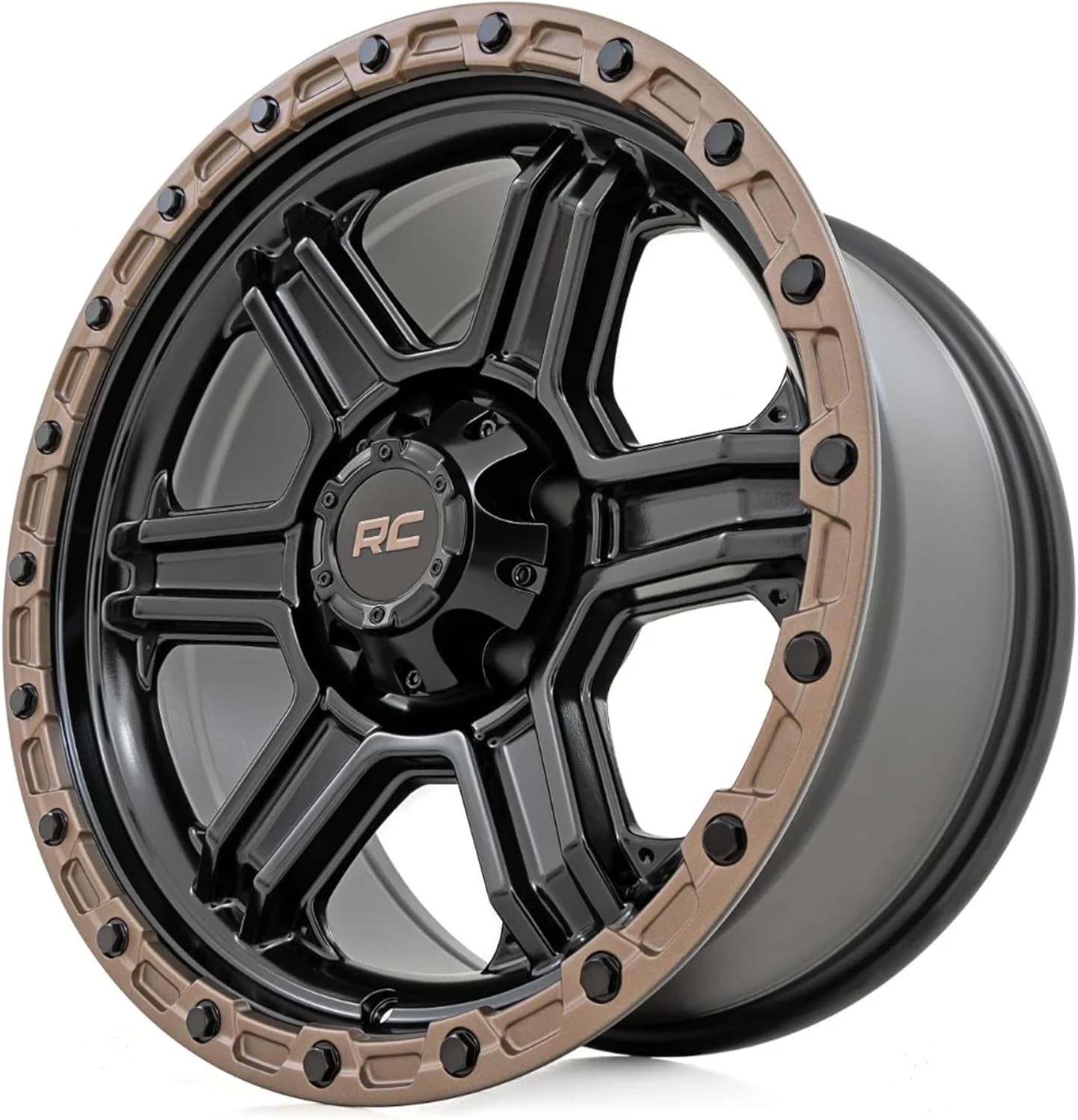 79 Series Rough Country One Piece Aluminum Wheel - 17x8.5, 5x4.5" Bolt Pattern, +0mm Offset, Stylish 6-Spoke Design, Semi-Gloss Black w/Bronze Ring