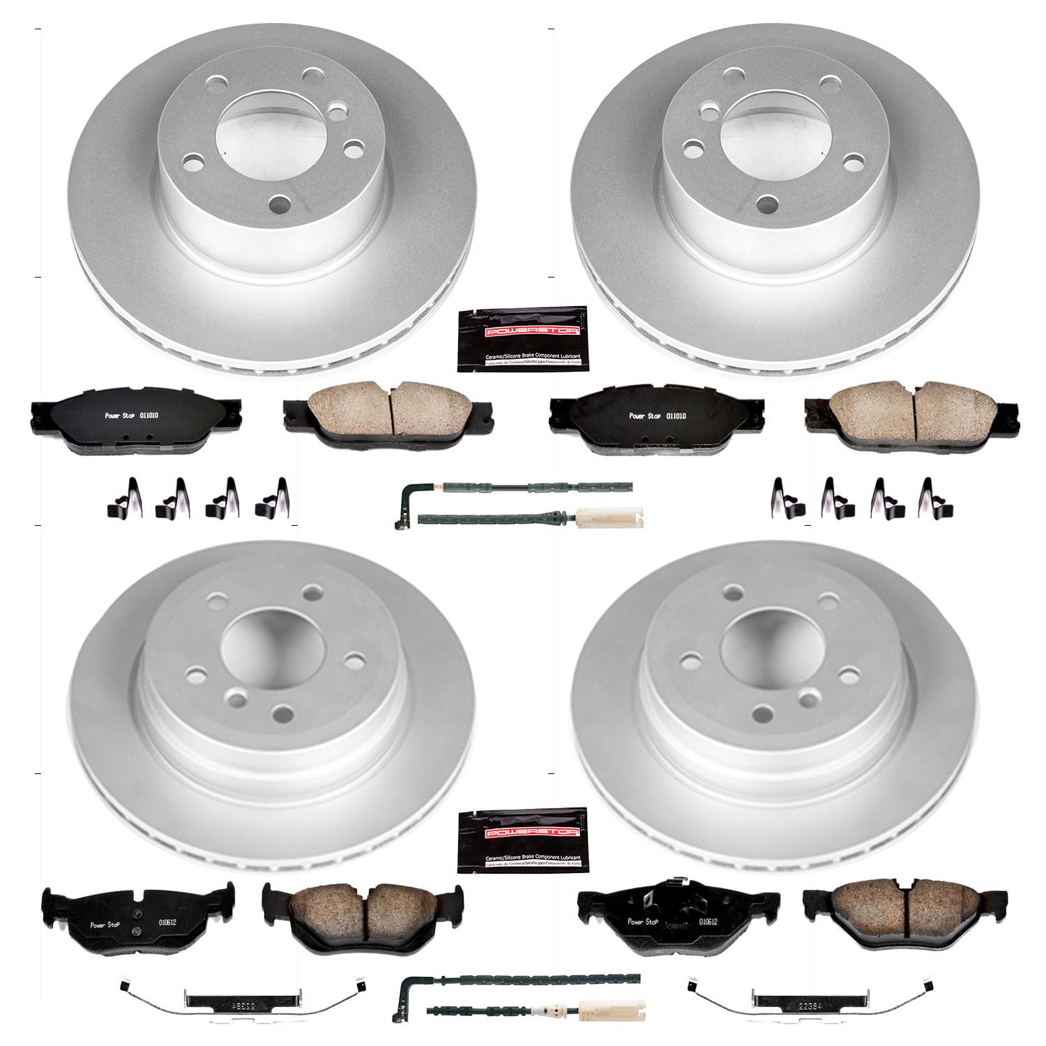 Power Stop CRK4102 Z23 Evolution Geomet Coated Brake Kit Front and Rear and 1 Front & 1 Rear Sensor Wires For BMW 328xi 2007 [Model Specific]