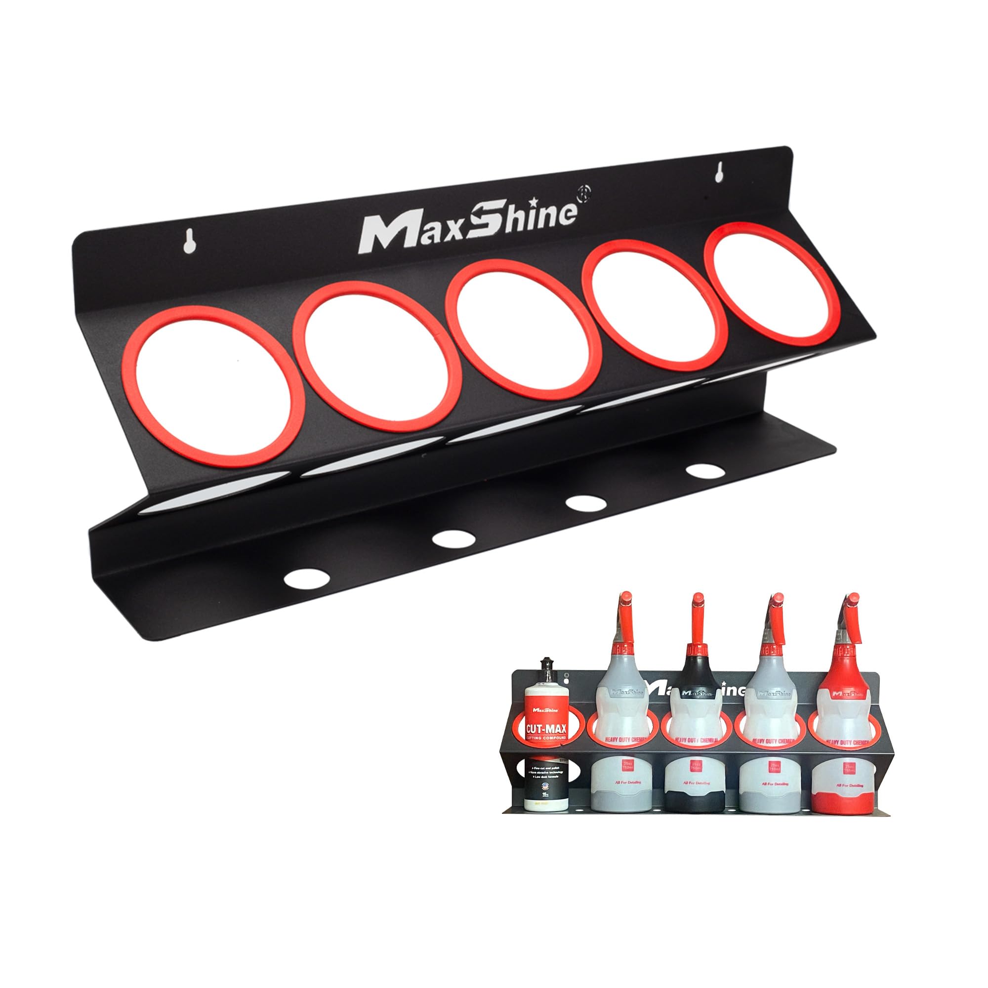 Maxshine Detailing Universal Spray Bottle Holder - Mobile Detailing & Car Garage Organizer, Holds 5 Sprayers (16/32oz) with 4 Small Holes, Lightweight Design, Easy Wall Mounting (Set 1)