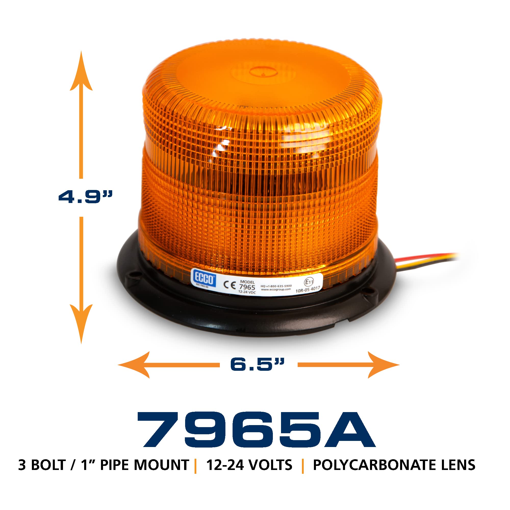ECCO LED Beacon 7965A: Pulse II, low profile, 12-24VDC, 11 flash patterns, amber