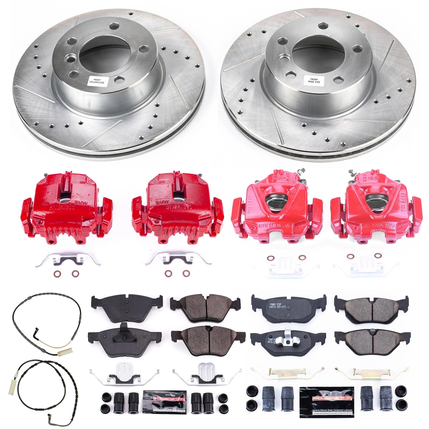 Power Stop Z23 Evolution Front and Rear Caliper Kit-Drilled/Slotted Rotors, Brake Pads & Calipers Carbon Ceramic and 1 Front & 1 Rear Sensor Wires
