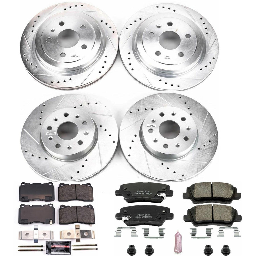 Front and Rear Brake Kit PowerStop For Cadillac CTS 2014-18 - Drilled and Slotted Disc Rotors with Ceramic Brake Pads Replacement, K7000