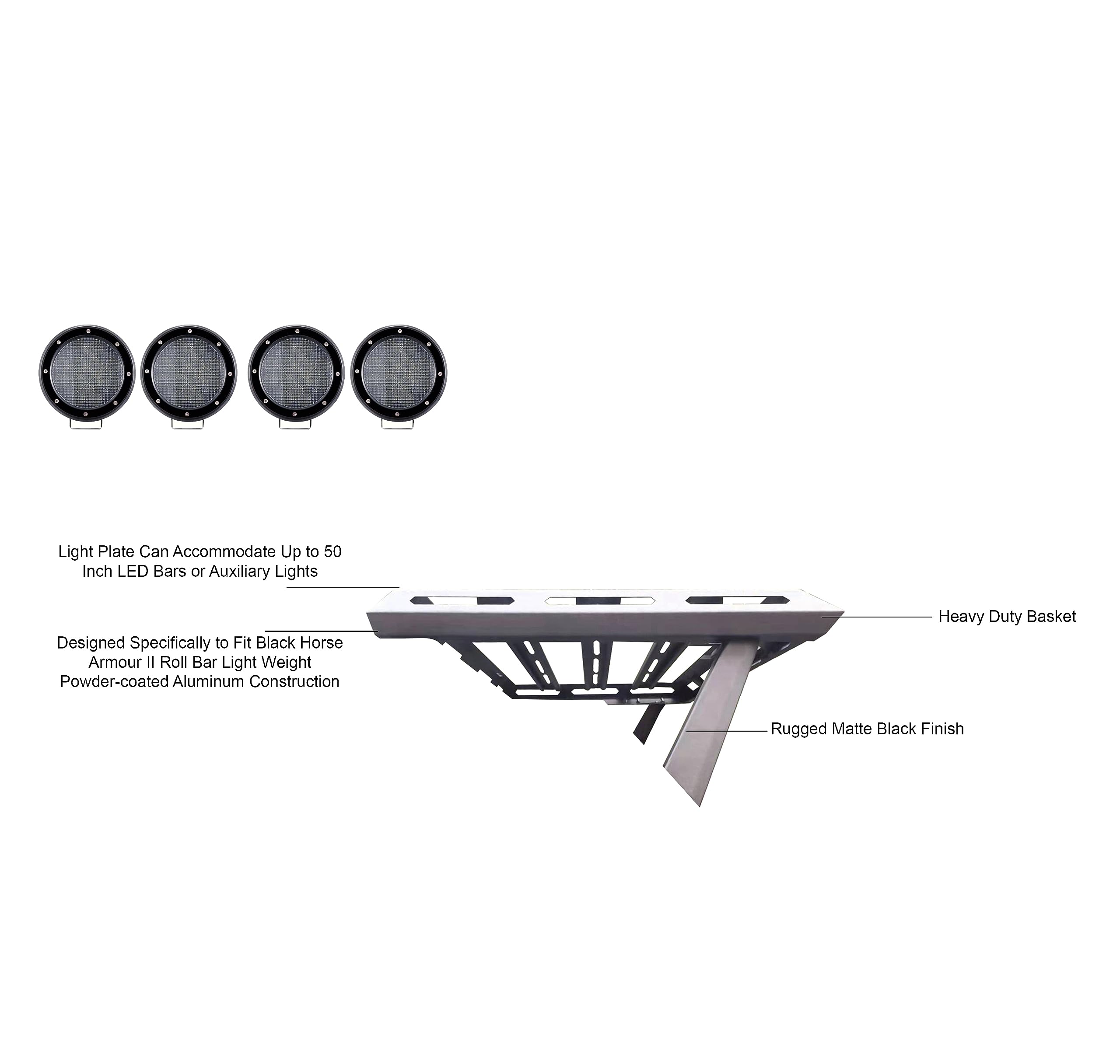 Black Horse II Armour Basket Incl. Set of 5.3" Dia.LED Lights w/Black Trim Rings Black Compatible with 05-24 Tacoma|15-24 Chevrolet Colorado|15-24 GMC Canyon|19-24 Ford Ranger|05-21 Nissan Frontier