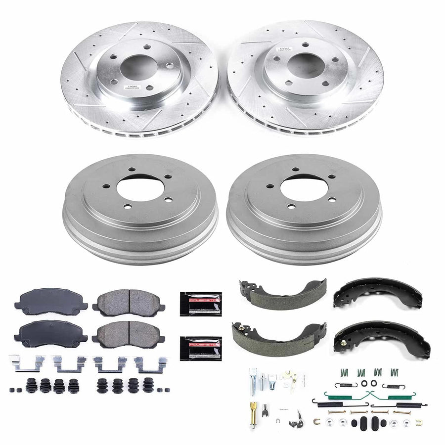 Power Stop K15250DK Z23 Carbon Fiber Brake Pads Front and Rear with Drilled & Slotted Brake Drums Kit For Chrysler Sebring, Dodge Avenger, Jeep Compass, Jeep Patriot [Model Specific]