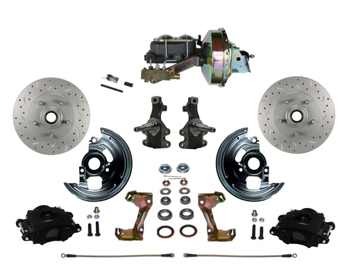 Power Disc Brake Kit LEED Front 2" Drop Spindle Drilled And Slotted Rotors Black Powder Coated Calipers 9" Booster Disc/Drum