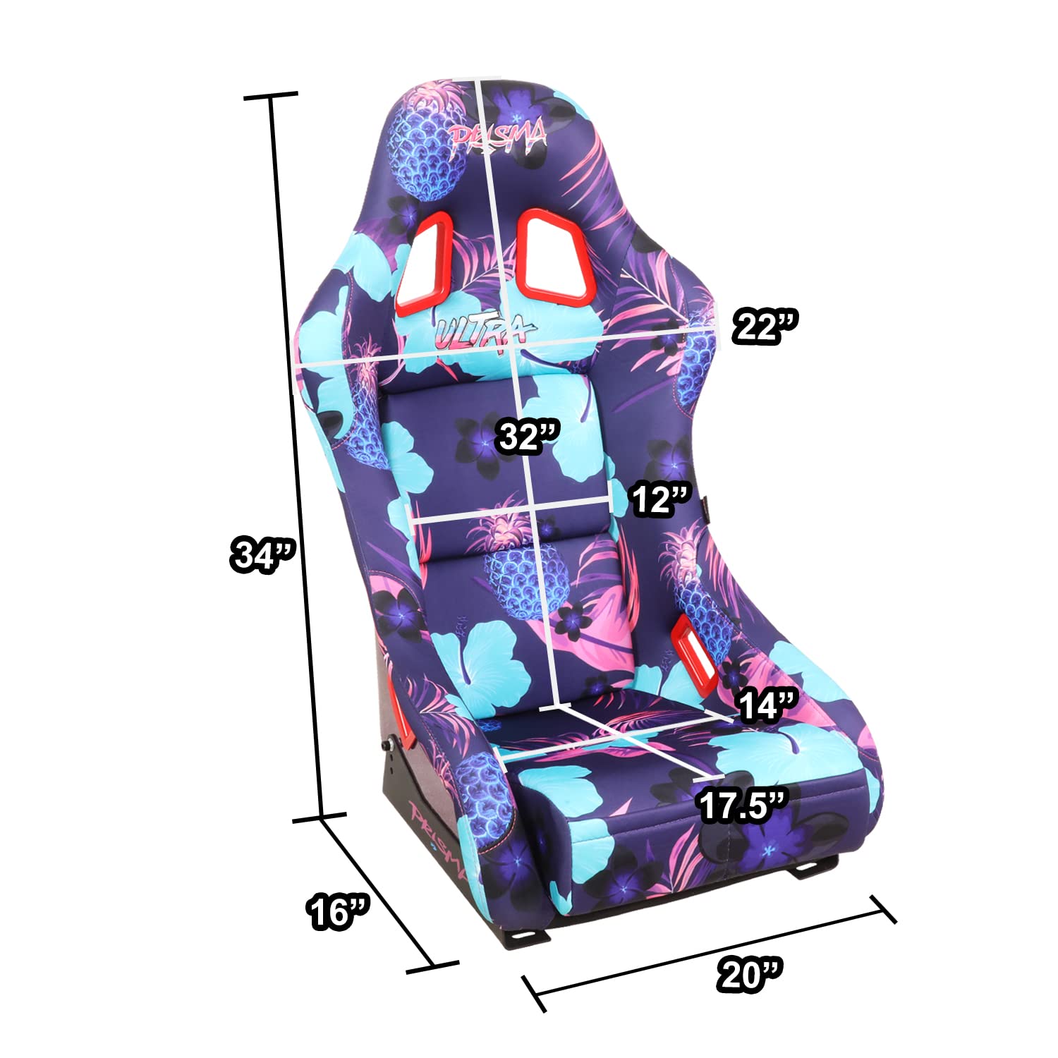 NRG Innovations Prisma FRP-303-PINA Fixed Back Bucket Racing Seat with Bottom Mount Bracket, Invert Tropical Print/Purple Sparkled Paint Back