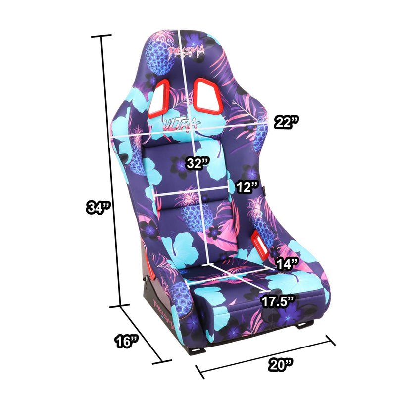 NRG Innovations Prisma FRP-303-PINA Fixed Back Bucket Racing Seat with Bottom Mount Bracket, Invert Tropical Print/Purple Sparkled Paint Back