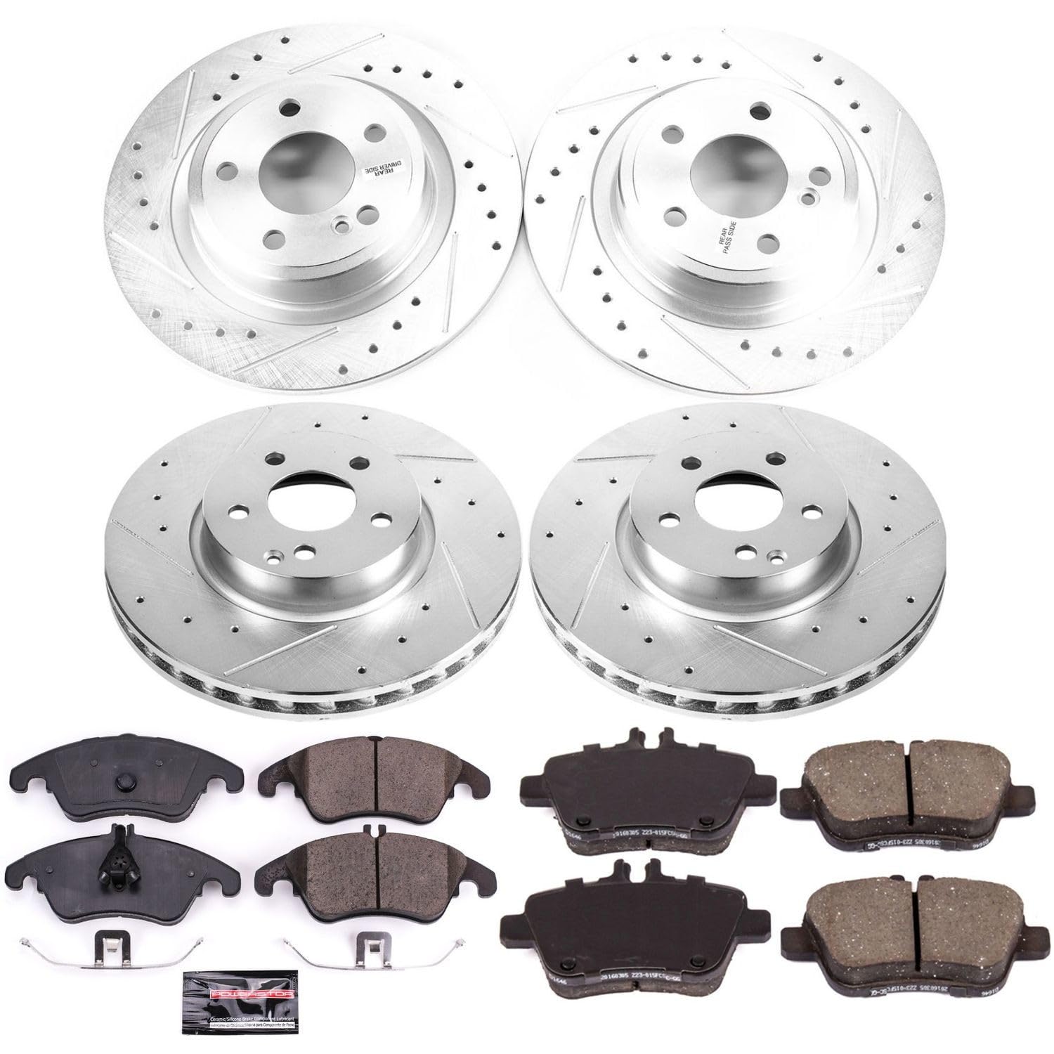Power Stop K8056 Z23 Carbon Fiber Brake Pads Front and Rear with Drilled & Slotted Brake Rotors Kit For Mercedes-Benz SLC300 2017-2020, Mercedes-Benz SLK300 2016 [Model Specific]
