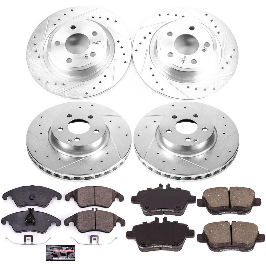 Power Stop K8056 Z23 Carbon Fiber Brake Pads Front and Rear with Drilled & Slotted Brake Rotors Kit For Mercedes-Benz SLC300 2017-2020, Mercedes-Benz SLK300 2016 [Model Specific]