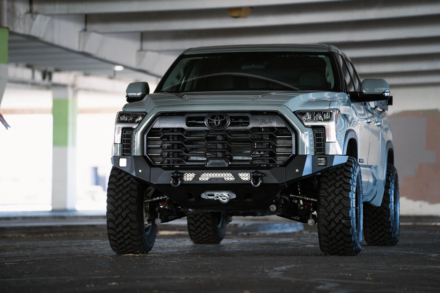 MTO Series DV8 Offroad Winch Front Bumper for 2022-2025 Toyota Tundra | Retains OEM Features | Mount LED Light Bar & Pod Lights | Accepts Multiple Size Winches | Compatible with Stock Skid Plates