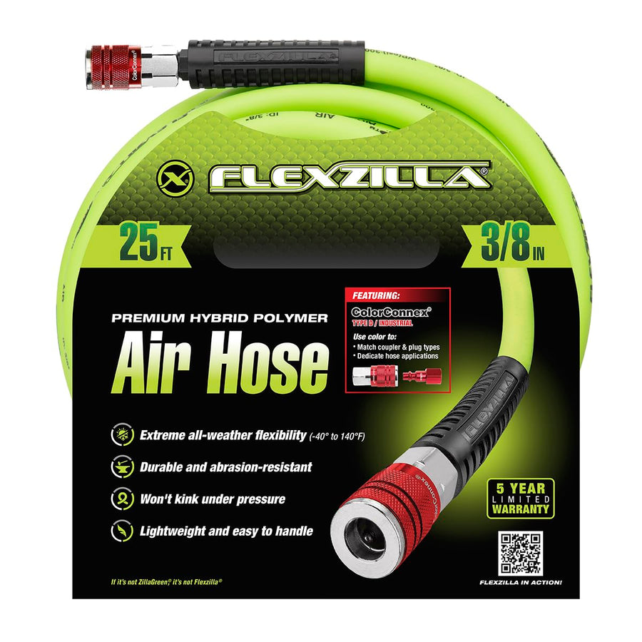 Air Hose Flexzilla with ColorConnex Industrial Type D Coupler and Plug, 3/8 in. x 25 ft., Heavy Duty, Lightweight, Hybrid, ZillaGreen - HFZ3825YW2-D