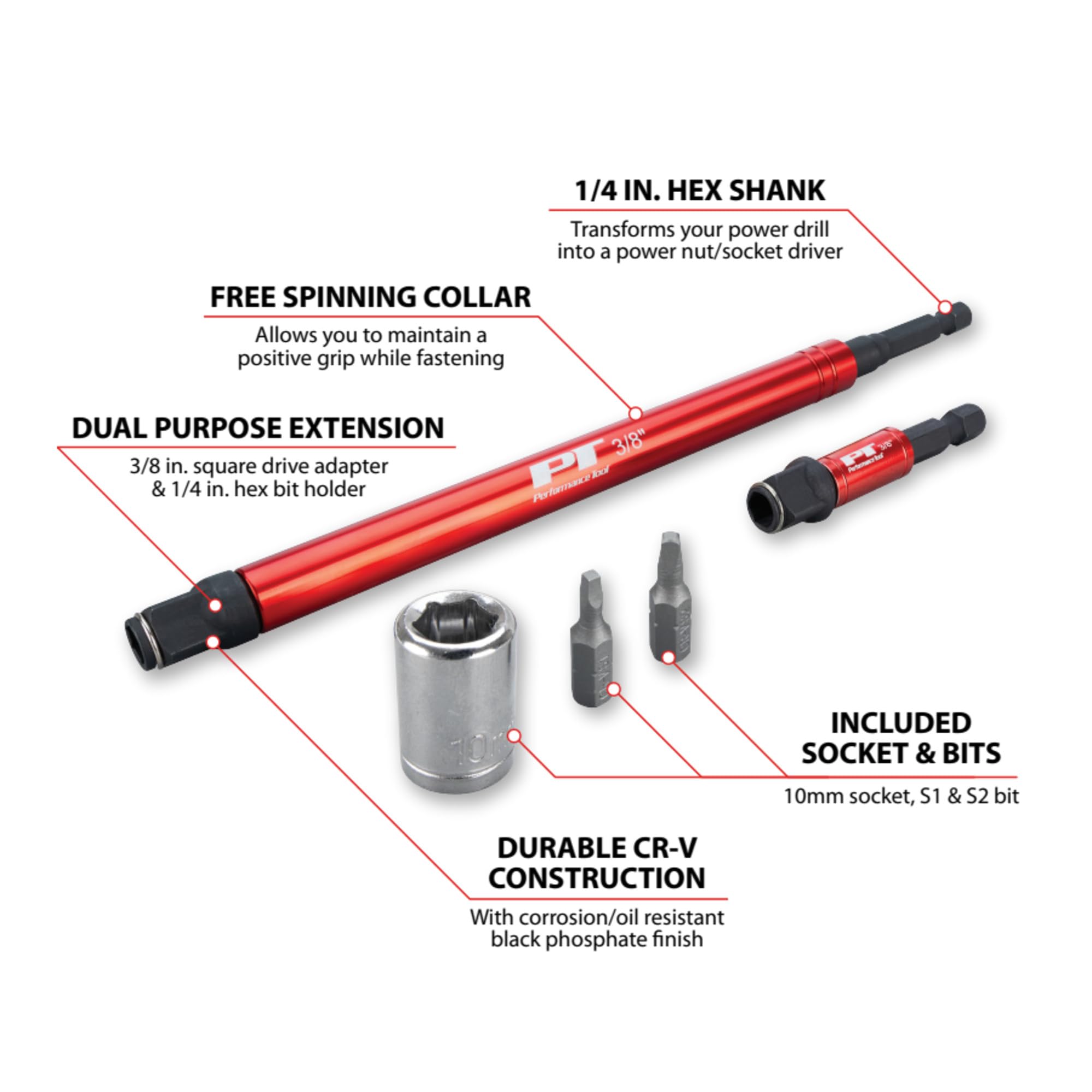5 pc. Performance Tool W9033 3/8-in Drive Socket Adapter Set, Power Nut/Socket Driver: 8-in and 2.5-in adapters, 10 mm, S1 and S2 1-in and 1/4-in Sockets, Chrome Vanadium Steel, Red/Silver