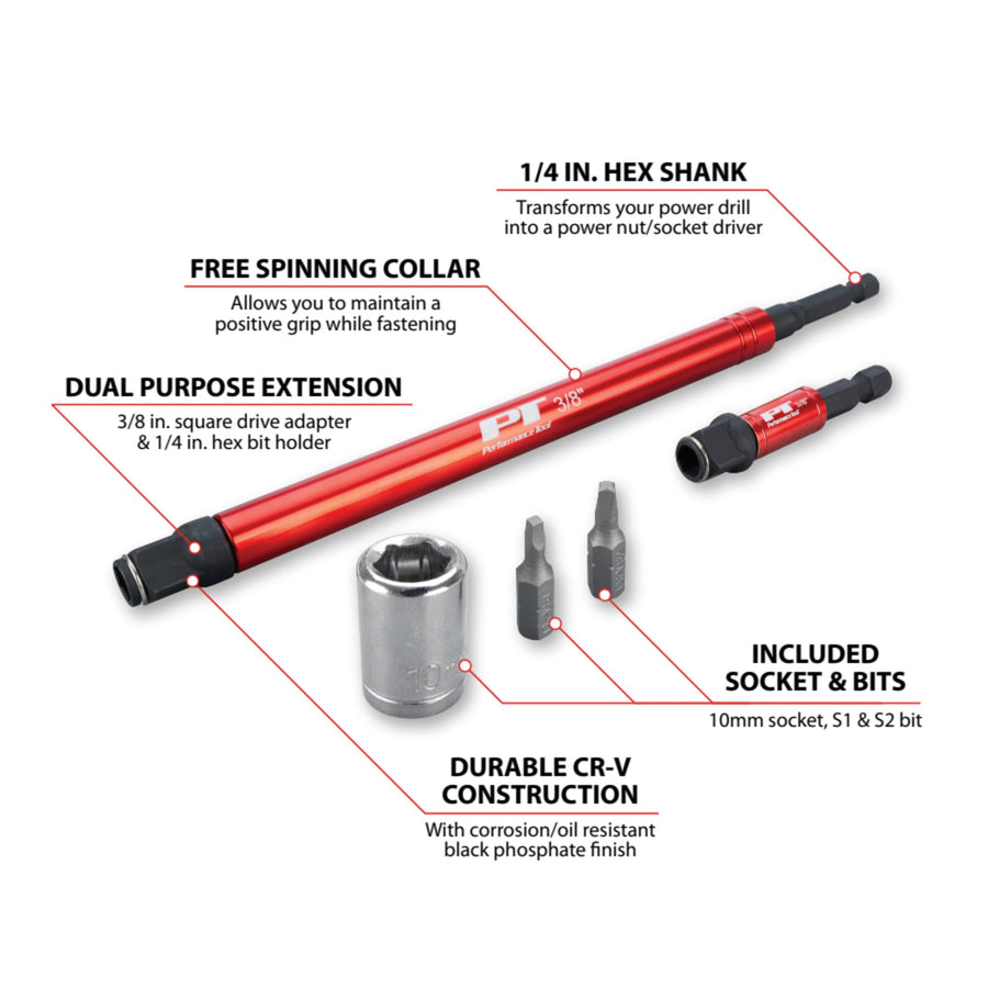 5 pc. Performance Tool W9033 3/8-in Drive Socket Adapter Set, Power Nut/Socket Driver: 8-in and 2.5-in adapters, 10 mm, S1 and S2 1-in and 1/4-in Sockets, Chrome Vanadium Steel, Red/Silver