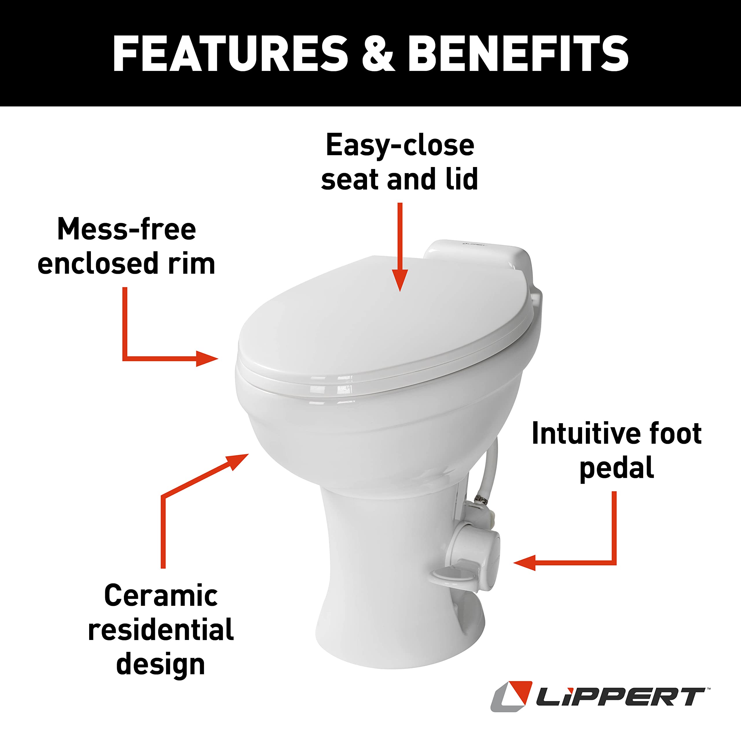 Lippert RV Toilet Flow Max with Elongated Ceramic Bowl, 18" Standard Profile, Full-Size Residential Seat, Easy-Close Lid, Efficient Flush - 2022113192