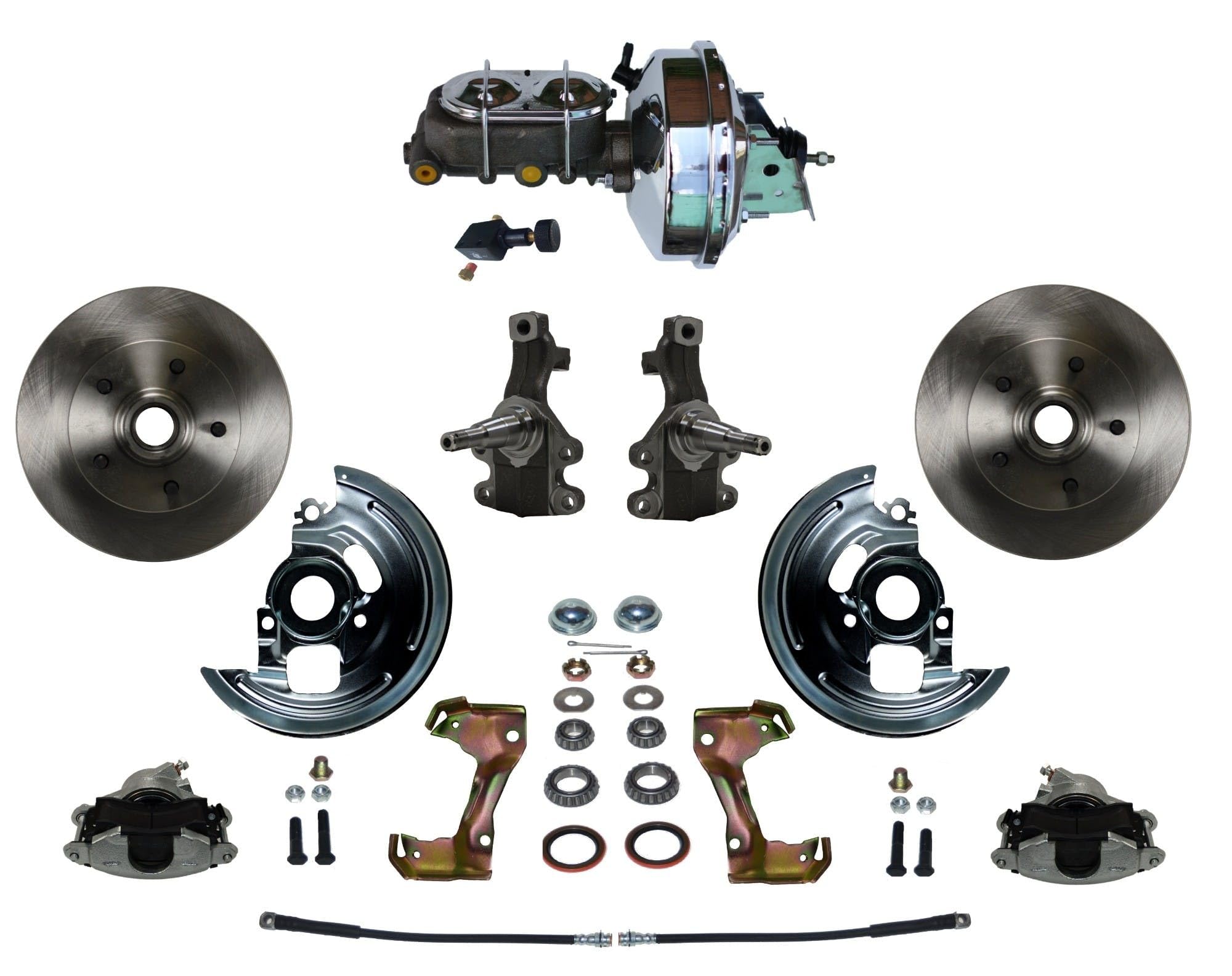 Power LEED BRAKES Front Disc Brake Conversion Kit 2" Drop Spindle With 9" Chrome Booster Cast Iron Chrome Top M/C Adjustable Proportioning Valve