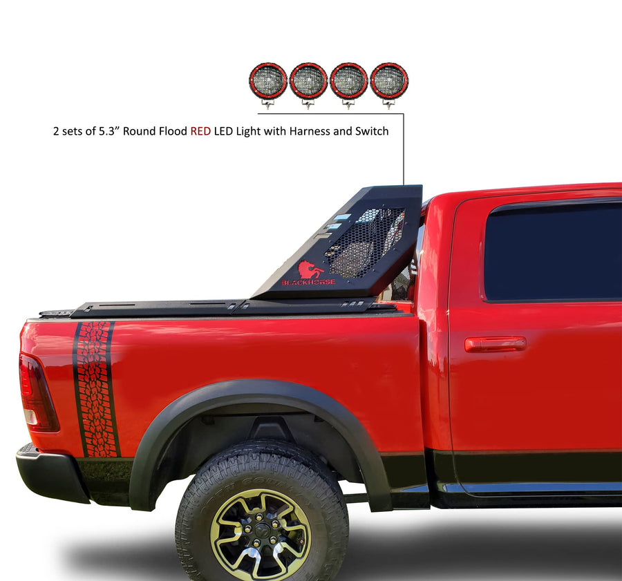 Vigor Black Horse Roll Bar Incl. Set of 5.3" Dia.led Lights w/Red Trim Rings Modular Black Compatible with 07-25 Silverado 1500|Sierra 1500|09-10 Ram 1500|11-25 Ram 1500|09-25 F-150|07-25 Tundra