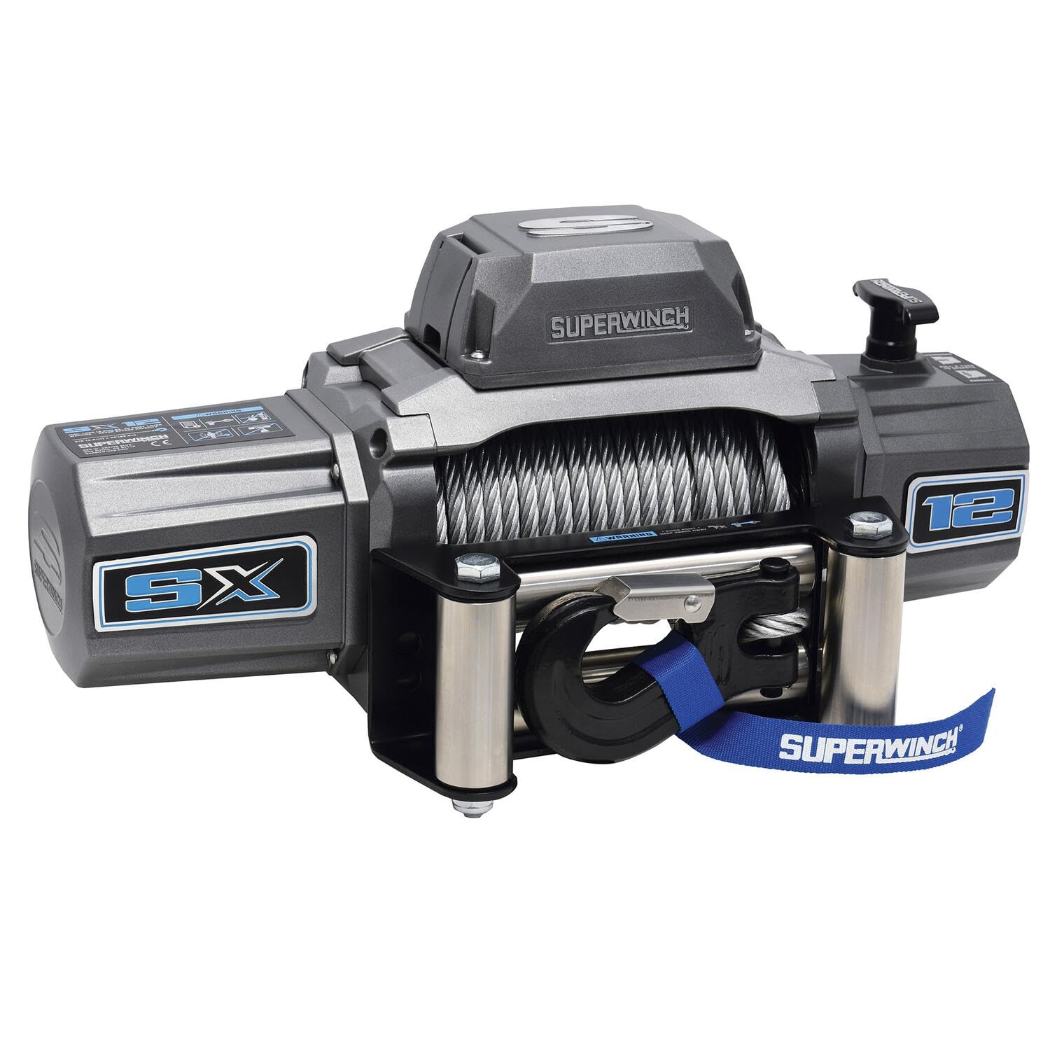 12V DC Superwinch SX12 Waterproof Recovery Winch 12,000lb/5,443kg Single Line Pull with Roller Fairlead 3/8in x 85ft Steel Wire Rope Corded Handheld Remote No-Bind Clutch
