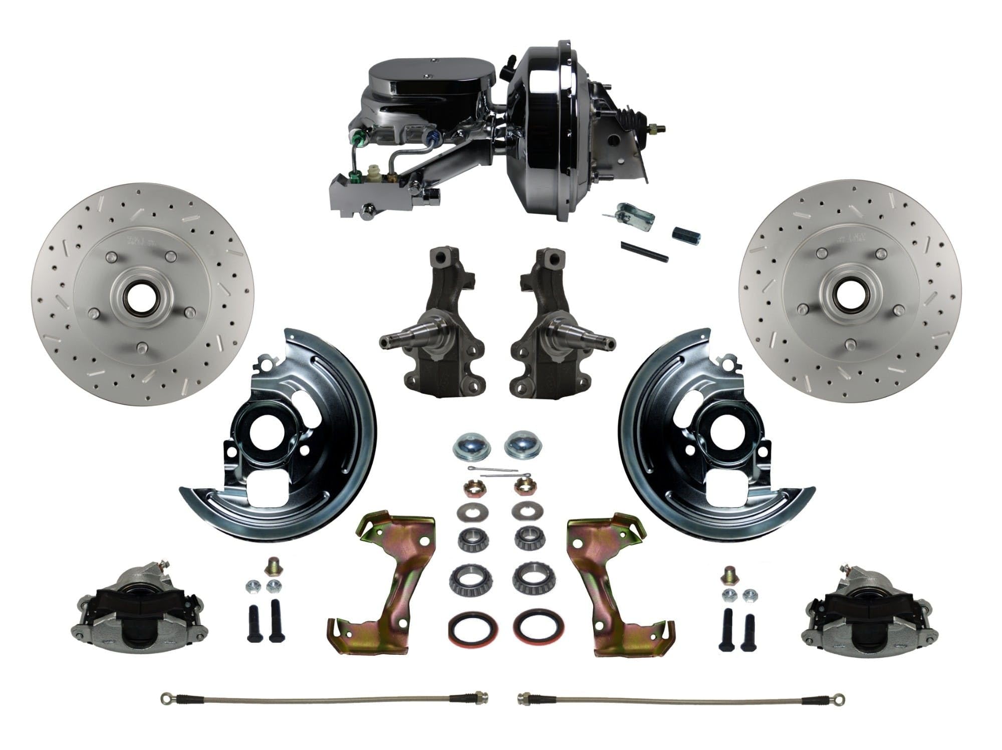 Power Front Disc Brake Conversion Kit LEED BRAKES 2" Drop Spindle Cross Drilled And Slotted Rotors With 9" Chrome Booster Flat Top Chrome M/C Disc/Drum Side Mount