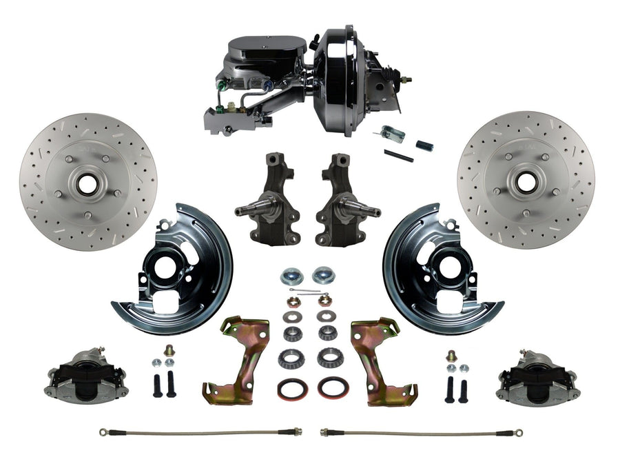 Power Front Disc Brake Conversion Kit LEED BRAKES 2" Drop Spindle Cross Drilled And Slotted Rotors With 9" Chrome Booster Flat Top Chrome M/C Disc/Drum Side Mount