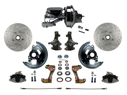 Power Front Disc Brake Conversion Kit LEED BRAKES 2" Drop Spindle Cross Drilled And Slotted Rotors With 9" Chrome Booster Flat Top Chrome M/C Disc/Drum Side Mount
