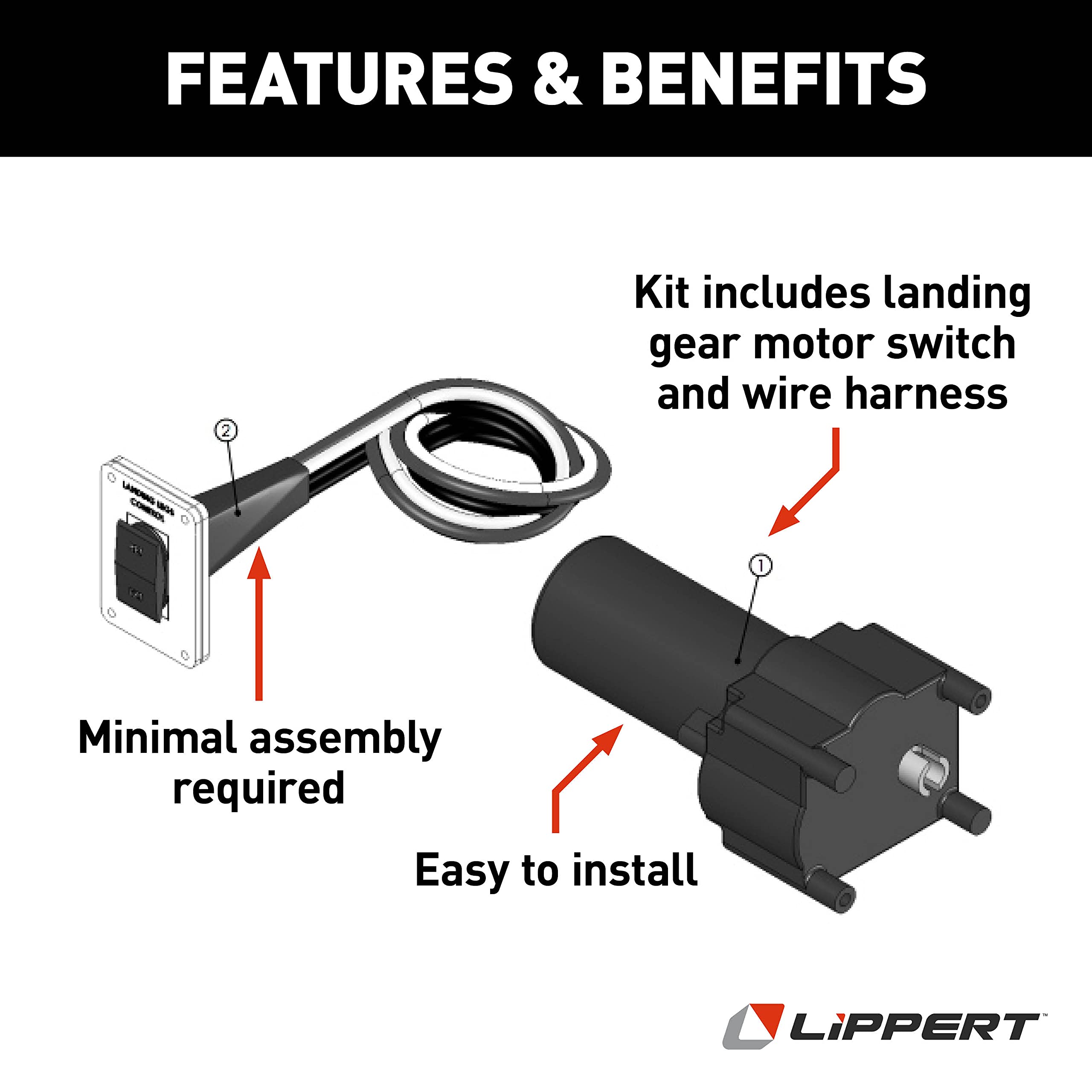 Lippert Replacement Power Gear RV Landing Gear Motor & IP-Rated Switch Kit with Wiring Harness, Easy to Install - 217884