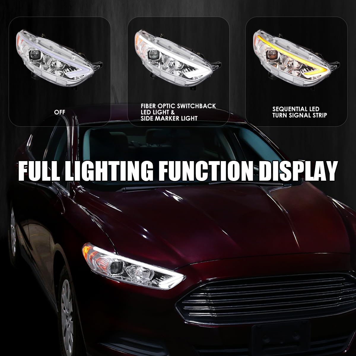 Chrome Projector Headlights SPEC-D TUNING w/Sequential Switchback LED Tube Signal Compatible with 2013-2016 Ford Fusion, Left + Right Pair Headlamp Assembly