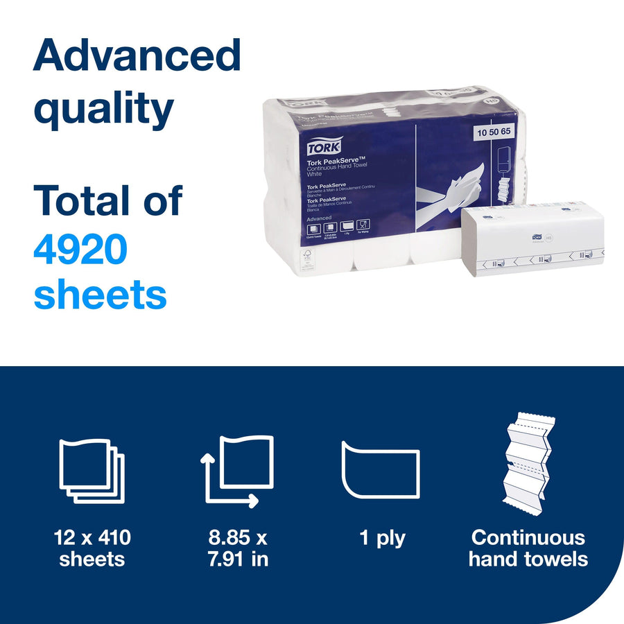 Tork Continuous Hand Towel PeakServe White H5, Advanced, Compressed, 12 x 410 sheets, 105065