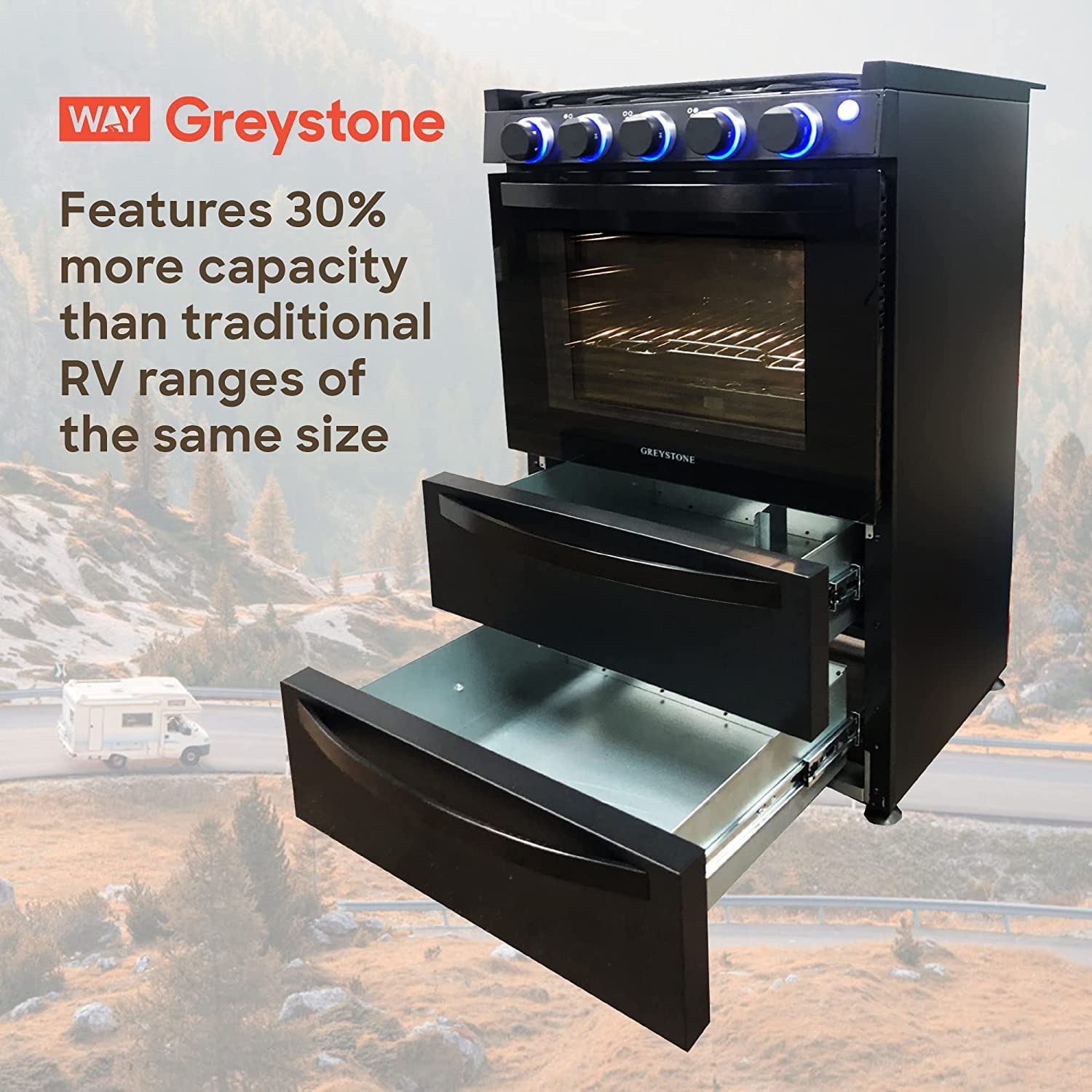 12 Volt RV Gas Range and Cooktop, Greystone Stove and Oven Combo, 21 Inch, LP Gas, Black